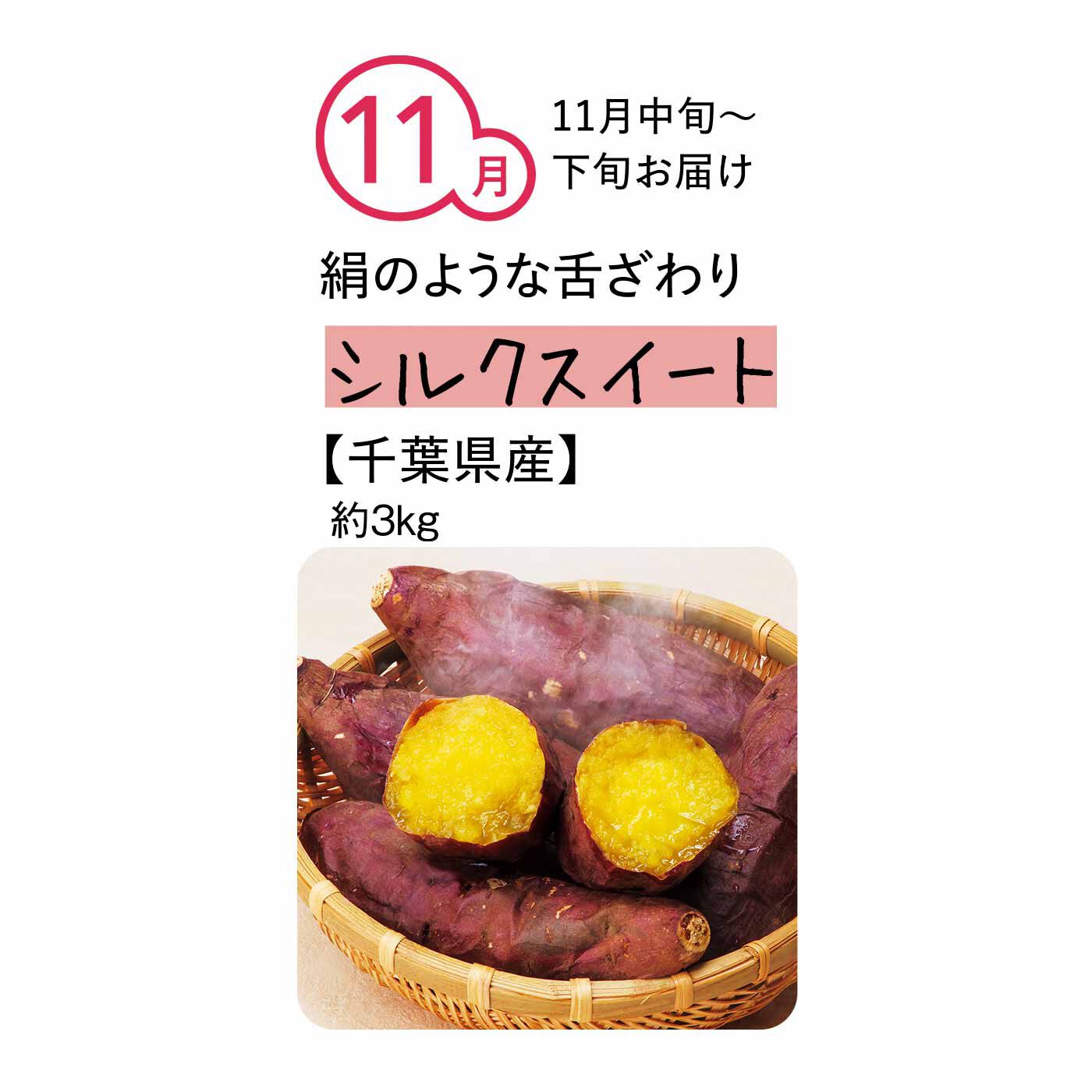 純農の特急便|純農 まるでスイーツみたいな焼き芋を楽しむ！ ごちそうさつまいも たっぷり3kg（7ヵ月コース）|紡錘形で形のそろいがよく、皮は鮮やかな赤紫色 。シルクのようになめらかな食感と甘さはまさにスイーツのよう！繊維質が少なく、なめらかな食感を堪能できます。