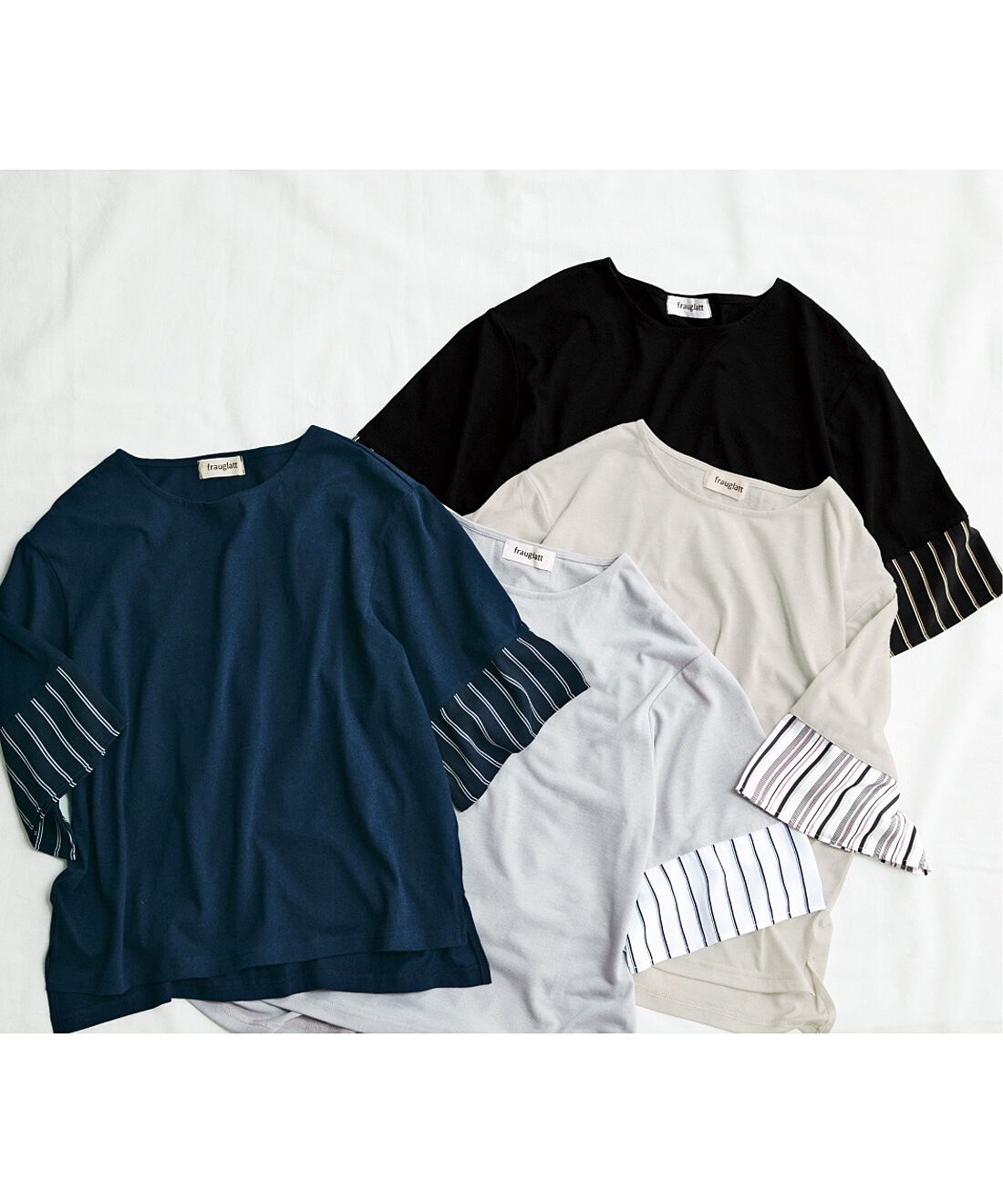 frauglatt|【7月分以降お届け】フラウグラット　ストライプ柄袖できれい見え　上品カットソートップス〈吸水速乾〉の会|袖口にきちんと感をプラスする布はくのストライプ生地をドッキング。