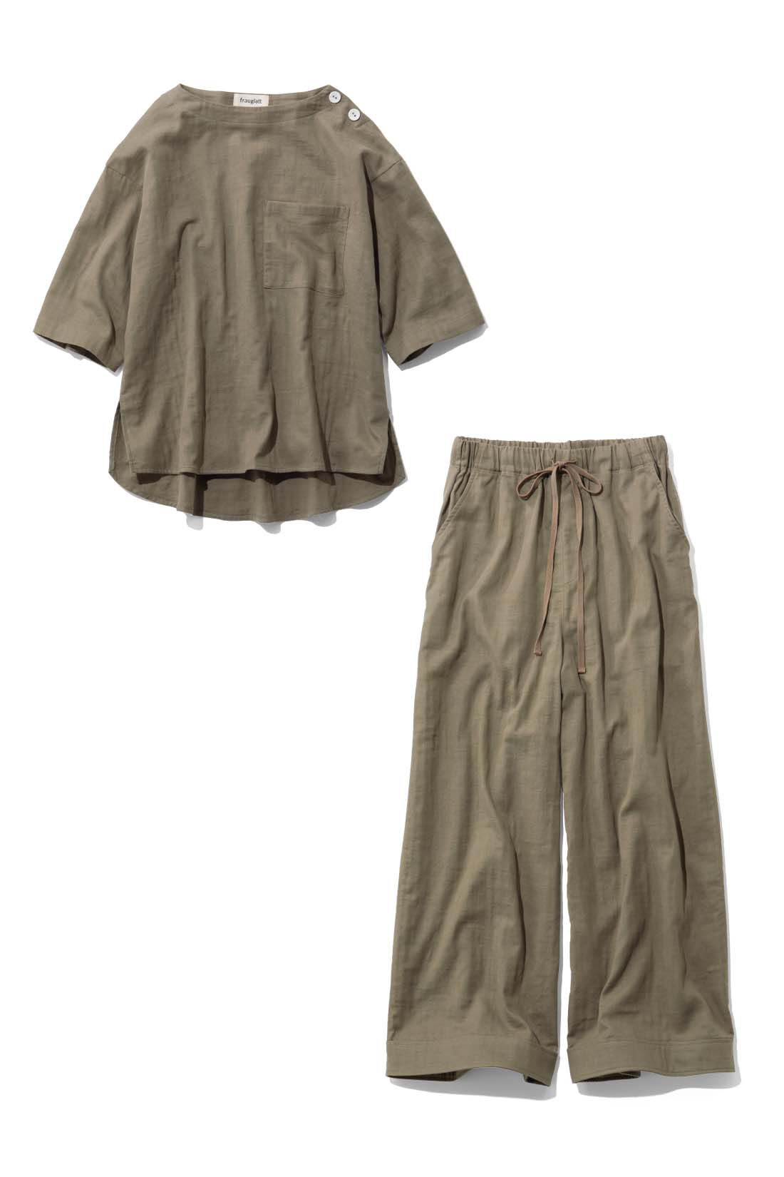frauglatt|【セット割】大人の女史会×frauglatt　着まわし上手 オールインワン見え ダブルガーゼセットアップ|〈ニュアンスカーキ〉