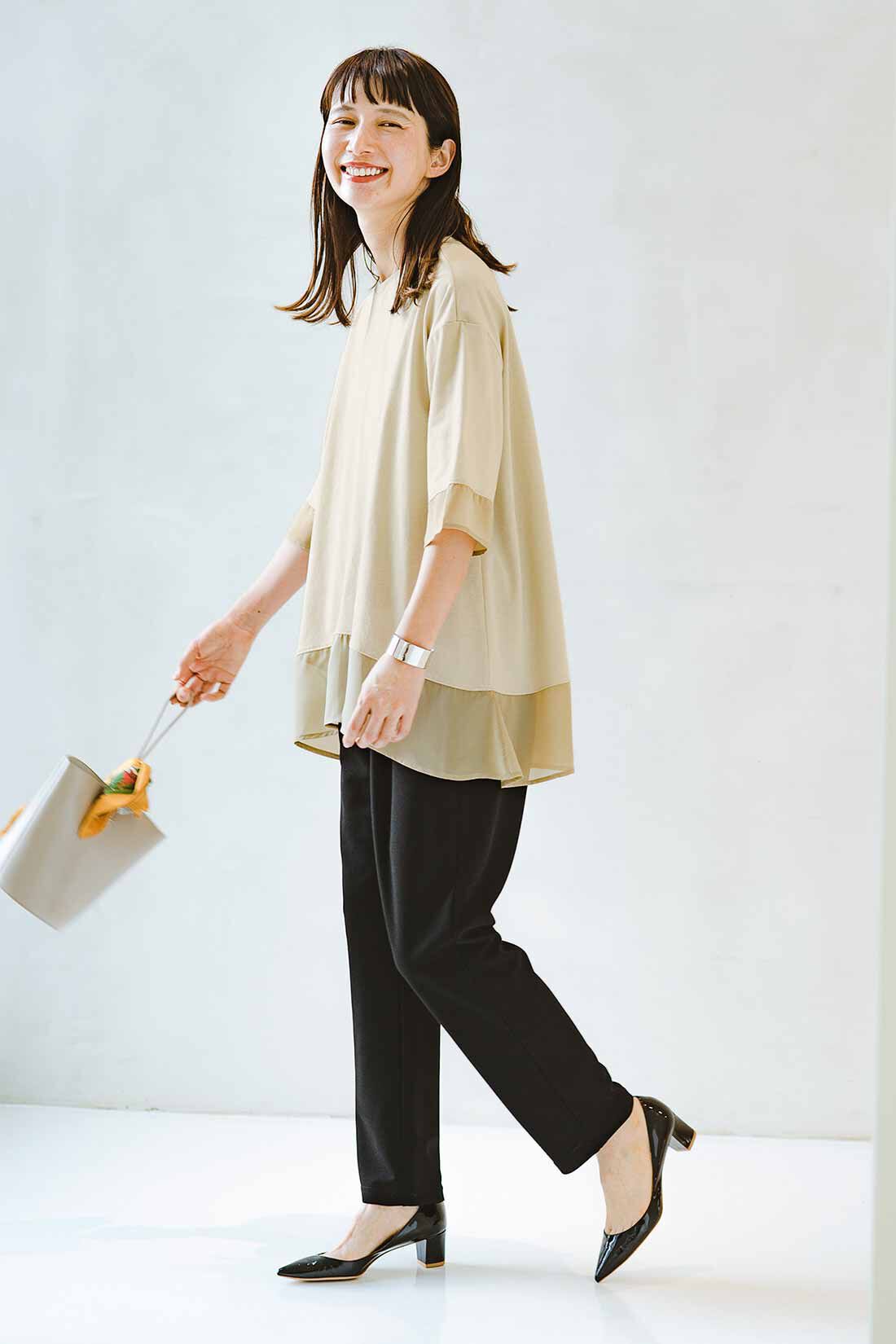 frauglatt|軽やかシフォンひらりすそ映えロングトップスのコーディネート