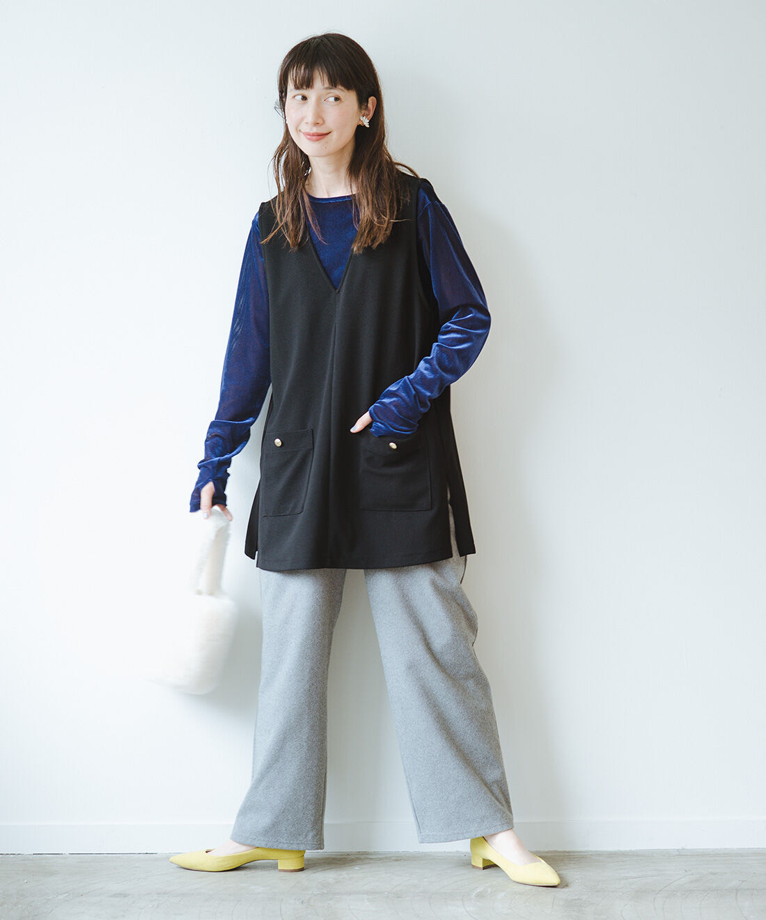 frauglatt|透け感が上品♪ 大人のつややかシアーベロアトップスとカットソーで着心地らくちんヘリンボーンセミワイドパンツのコーディネート