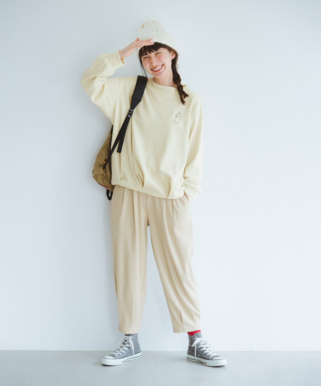 frauglatt|ニットコールふんわり美脚シルエットパンツのコーディネート