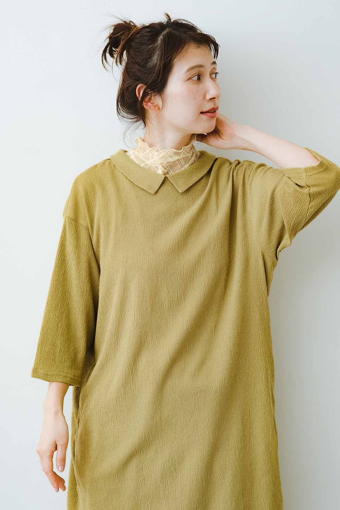 frauglatt|フラウグラット　衿付きで好印象♪ さらぽこ伸びやか素材のチュニックワンピース〈吸水速乾〉の会|袖口はゆったり涼しく腕を包み込む七分袖。