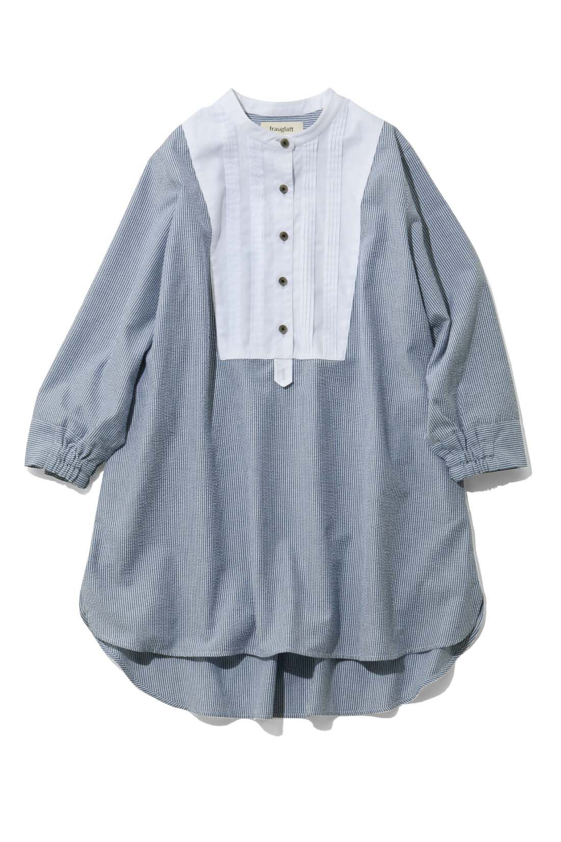 frauglatt|大人の女史会×frauglatt　顔うつり華やぐブザム切り替え レフ板チュニックシャツ|〈艶ネイビー〉
