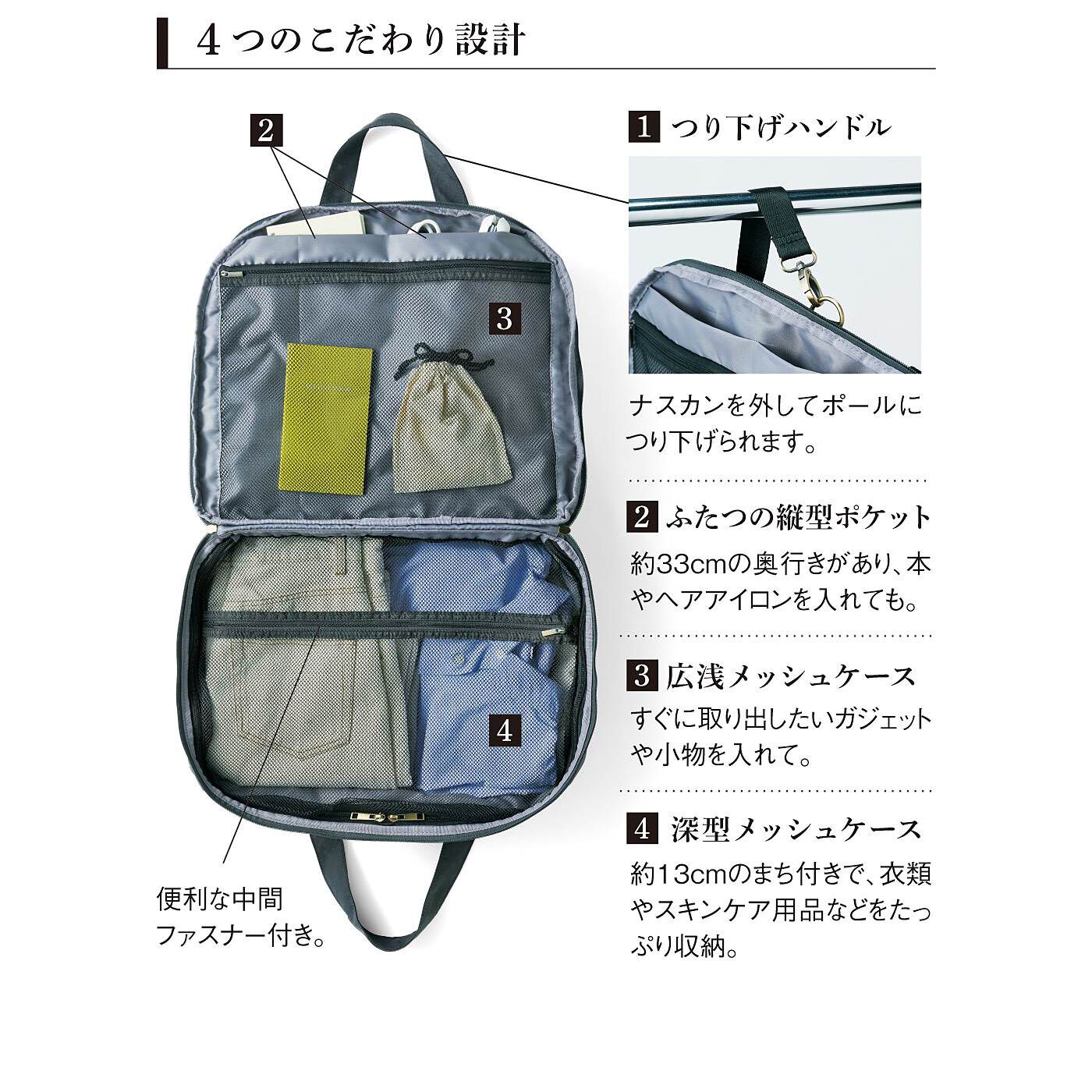 el:ment|el:ment　旅先でも整とんできる やわらかキャリーオントラベルボストン|内側は大きく４つの仕切りで、服やポーチなどのサイズが変わっても整とんしやすい。