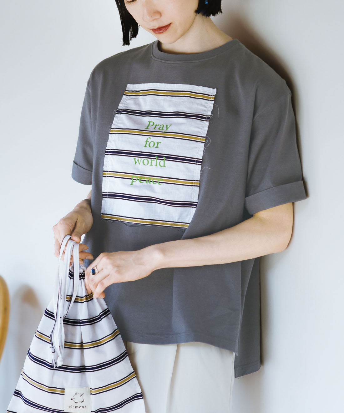 el:ment［エルメント］|el：ment 眠っていた播州織に平和の言葉をのせたオーガニックコットンTシャツ〈きんちゃく付き〉 by LOVE＆PEACE PROJECT