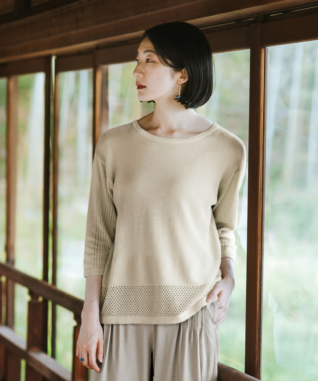 el:ment|el:ment　透かし編みが華やぐ　さらり滑らかコットンレーヨンのニットトップスの会|モデル171cm /モデルサイズを着用しています。