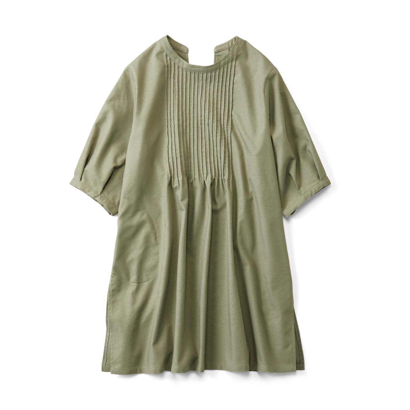 el:ment［エルメント］|el:ment　伝統をまとう ピンタック入りですっきり見え 綿麻混モダン割烹着チュニックの会|〈麹塵（きくじん）色〉