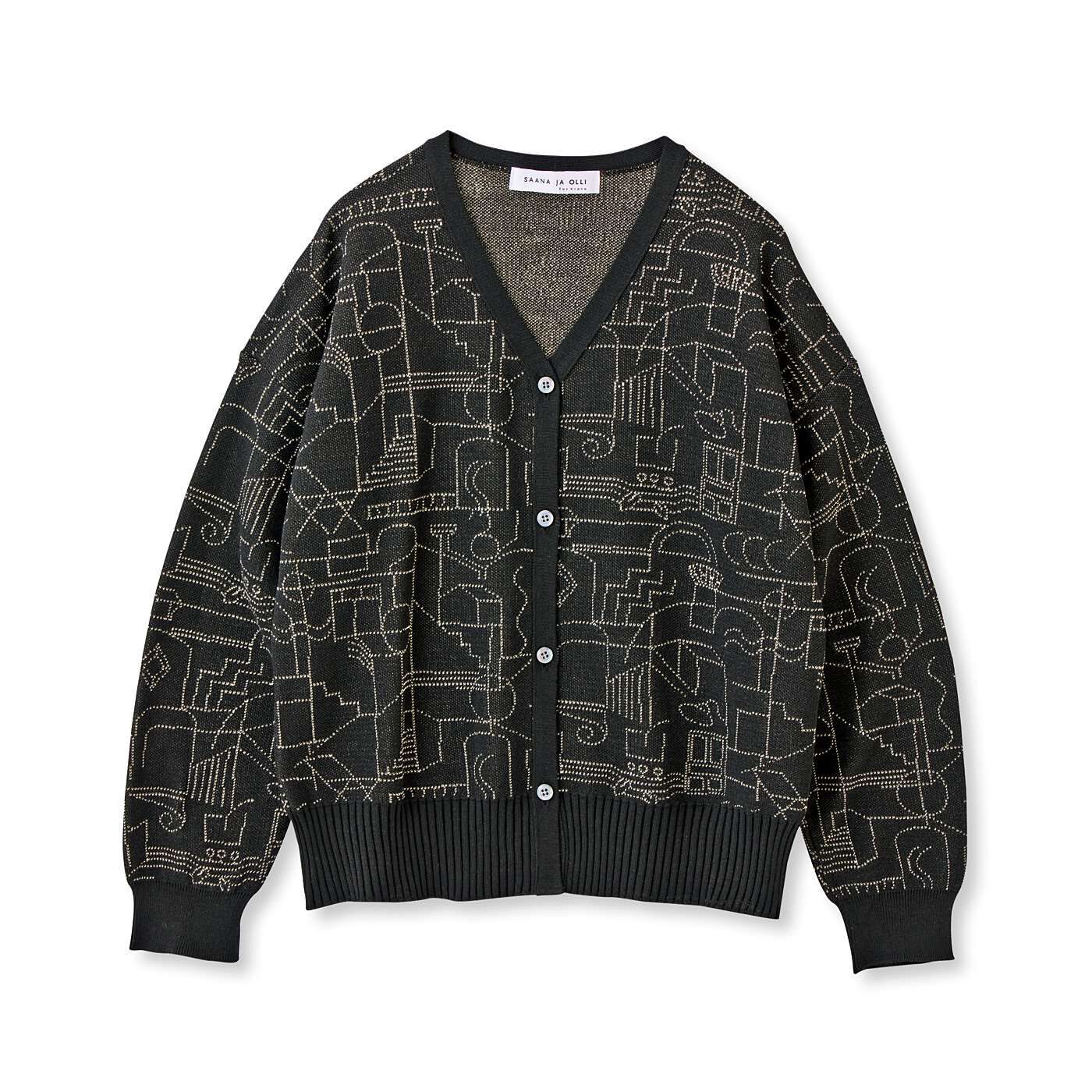 SAANA JA OLLI [サーナヤオッリ]|サーナ ヤ オッリ　定番のVネックにアートをひとさじ　ロングシーズン活躍する　ニットカーディガンの会|〈ナイトブラック〉