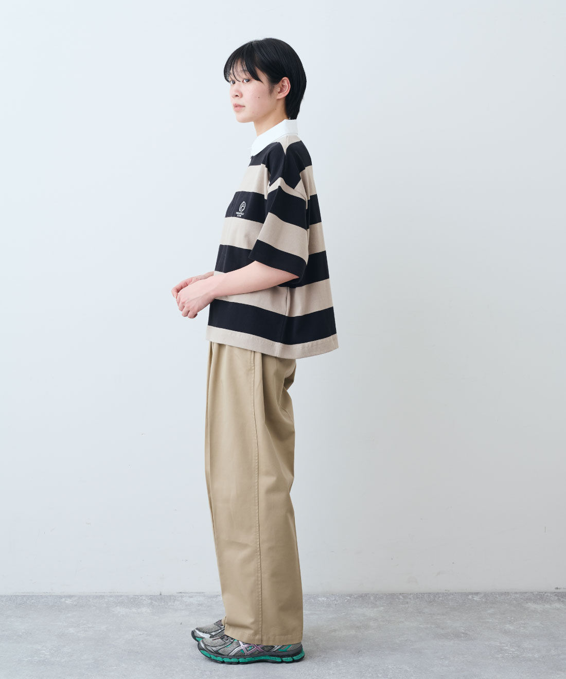 フェリシモファッションニュース|PARROTT CANVAS　CROPPED WIDE RUGGER SHIRT 〈BLACK×BEIGE〉【WEB LIMITED ITEMS】|モデル身長：163cm