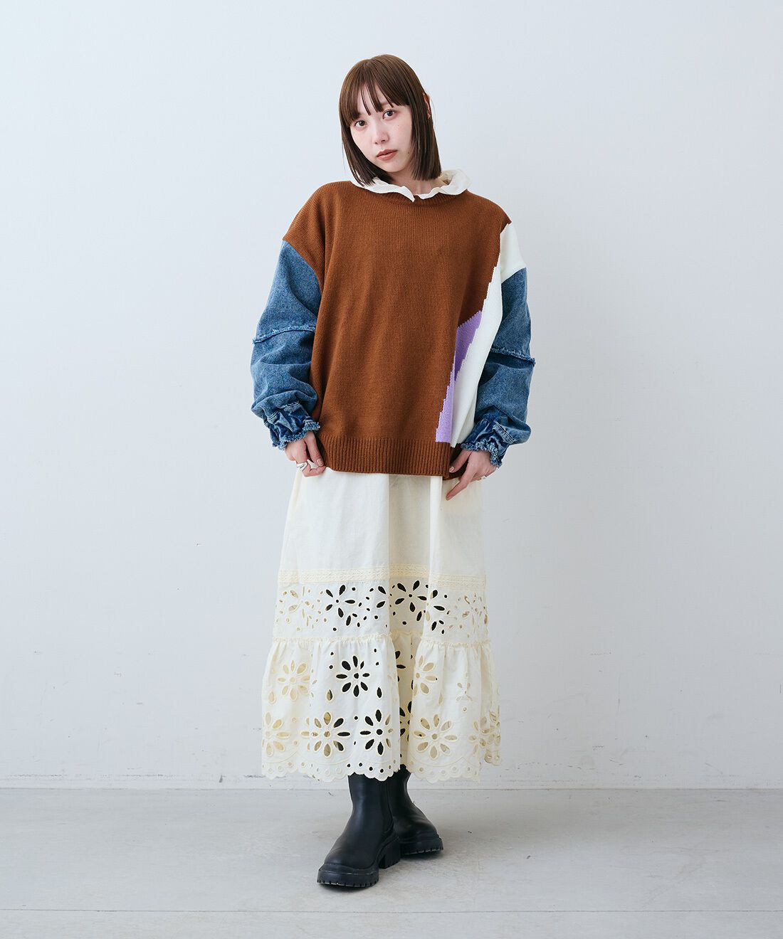 MEDE19F|加工デニム スリーブコンビニットの会のコーディネート