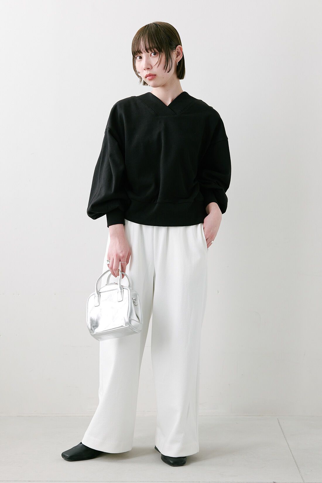 and myera|ブークレーヤーン ダブルフェイスカットソー こなれ見え きれいめ ワイドパンツ〈オフホワイト〉のコーディネート