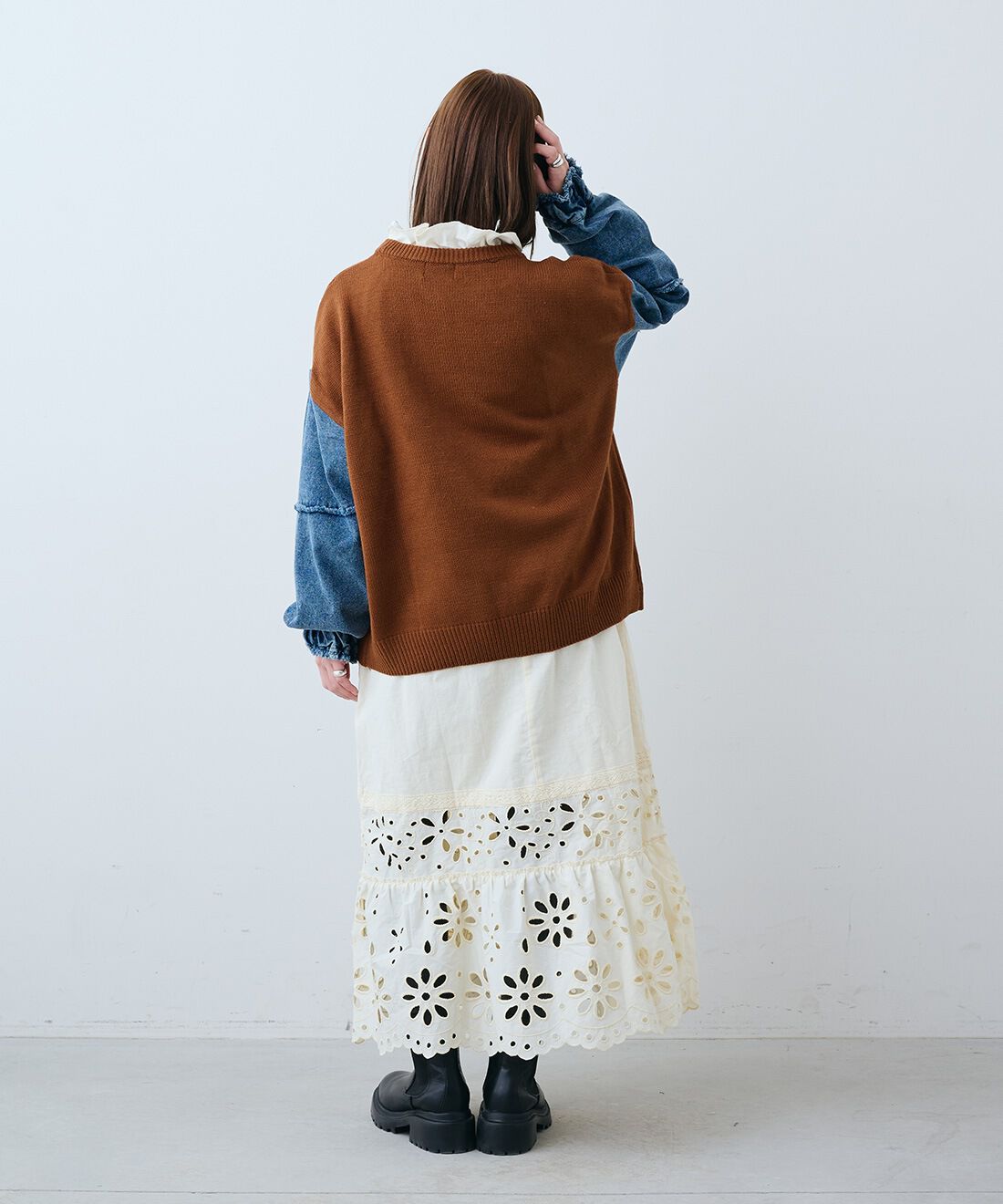 MEDE19F|加工デニム スリーブコンビニットの会のコーディネート