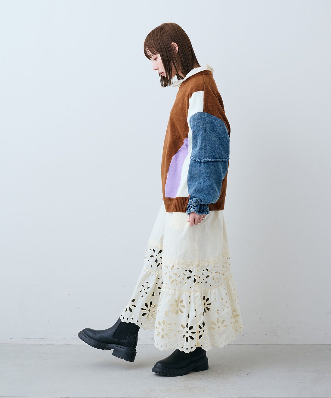 MEDE19F|加工デニム スリーブコンビニットの会のコーディネート