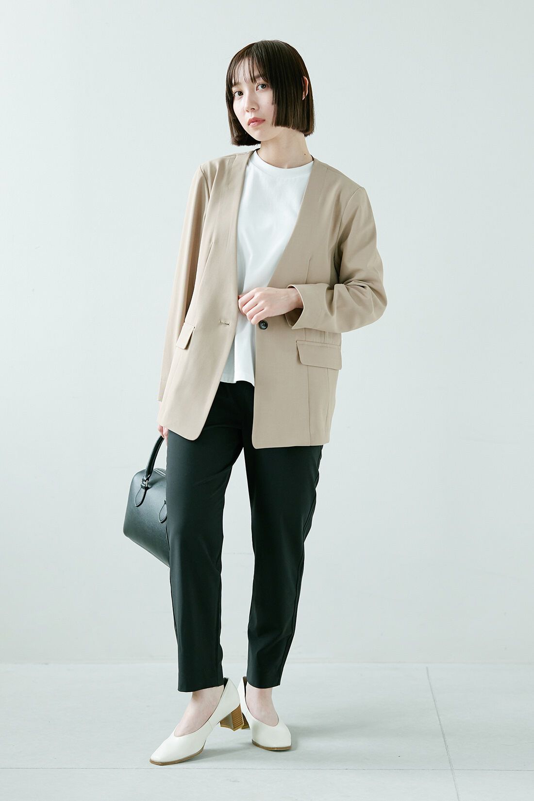IEDIT|ノーカラー ジャケット〈ベージュ〉のコーディネート|【着用サイズ】ジャケット：SP　トップス：M　パンツ：SP