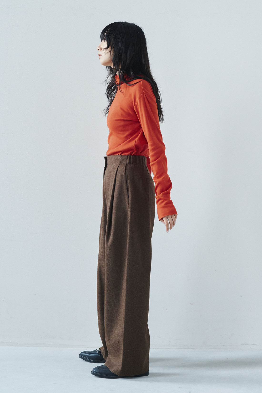 フェリシモファッションニュース|韓国セレクト OVERRICH　ウールツィードのワイドスラックス〈ミックスブラウン〉【WEB LIMITED ITEMS】|モデル身長：163cm