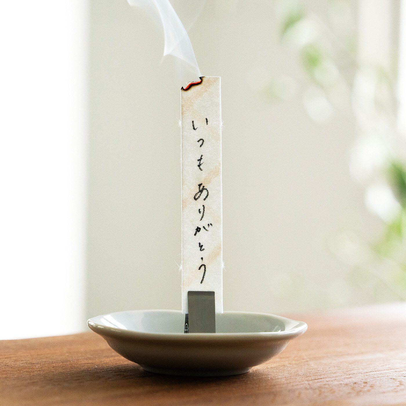 フェリシモギフトショップ|あなたの想いを煙にのせて届けるお手紙香〈しあわせ・やすらぎ・ぬくもり〉|お手紙香に、自分の今の気持ちを書きつづります。1枚ずつちぎって、火を灯（とも）します。炎はそっと吹き消しましょう。　※商品にお皿は含まれません。