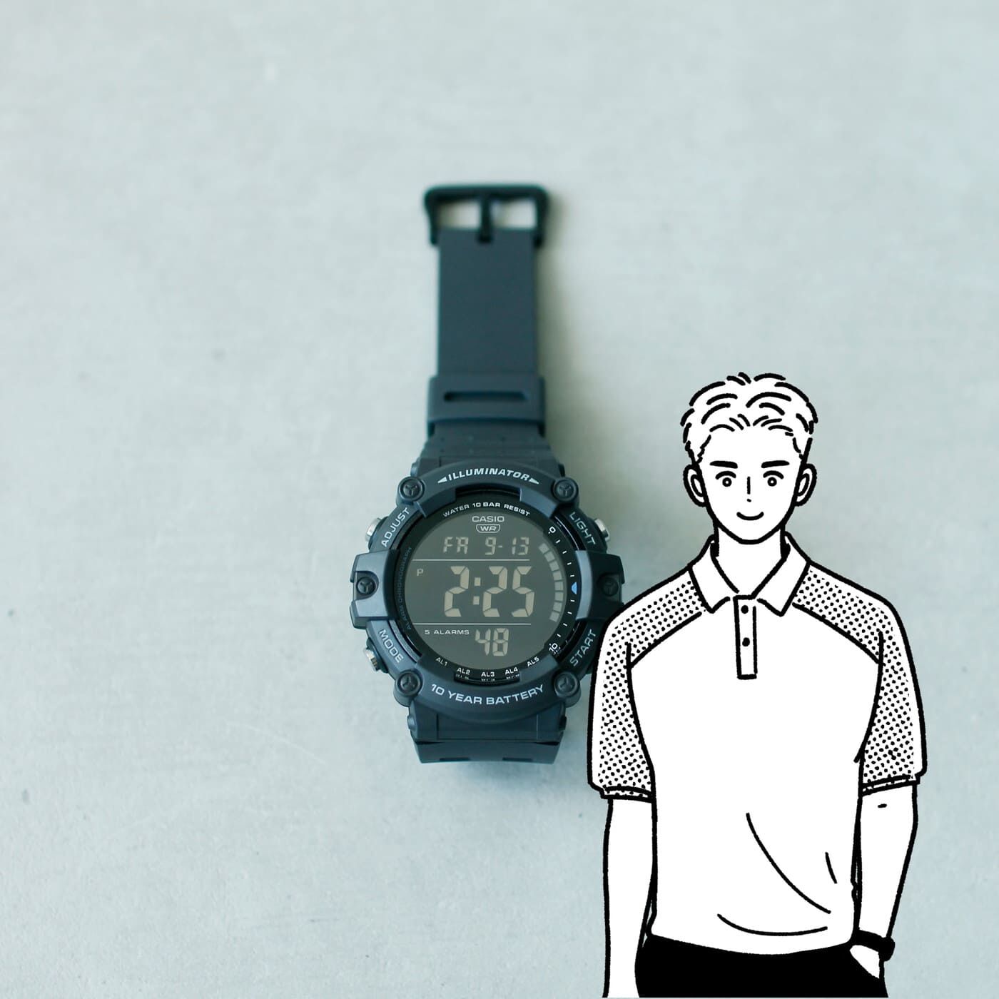 フェリシモギフトショップ|このごろ meets CASIO 推しカシ　ウォータープルーフボーイ〈AE-1500WH-8BJF〉|水泳やシュノーケリング、ヨットなどマリンスポーツでも着用できる10気圧防水