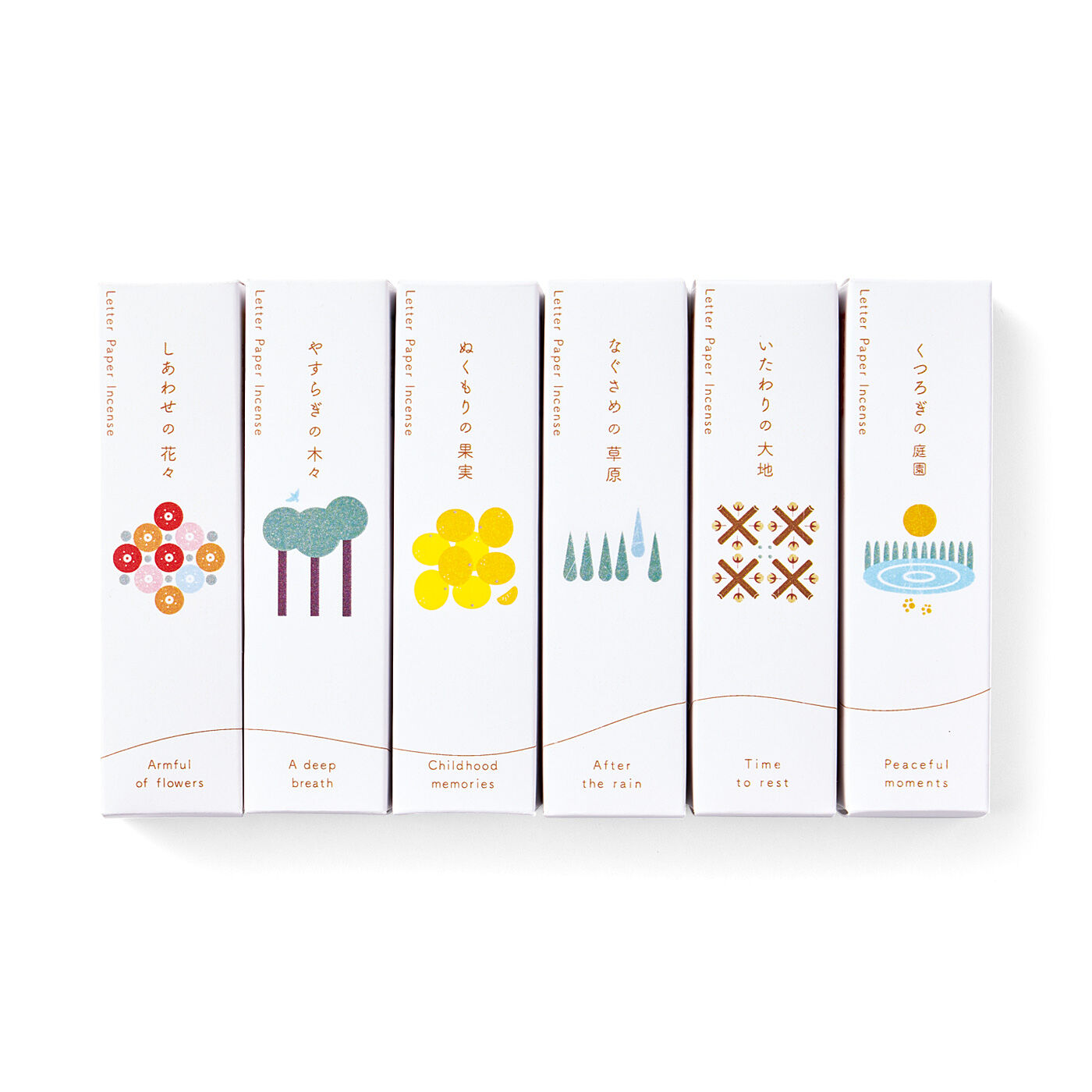 フェリシモギフトショップ|あなたの想いを煙にのせて届けるお手紙香〈しあわせ・やすらぎ・ぬくもり〉|パッケージを全種類並べると想いの糸が大切な存在と繋がるみたい。