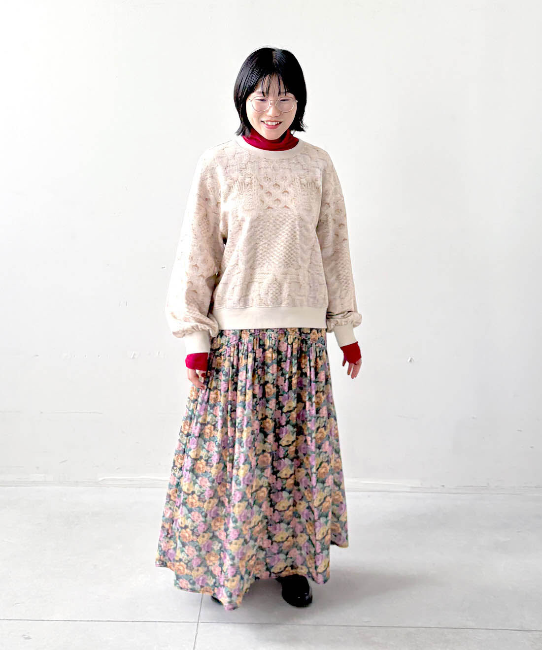 mensha!［メンシャ！］|まるでゴブラン織り！？ ダブルガーゼスカートとまるでニット！？ 軽くてやわらかな ガーゼ裏毛トップスと〈ガーゼ〉カットソー タートルネックのコーディネート