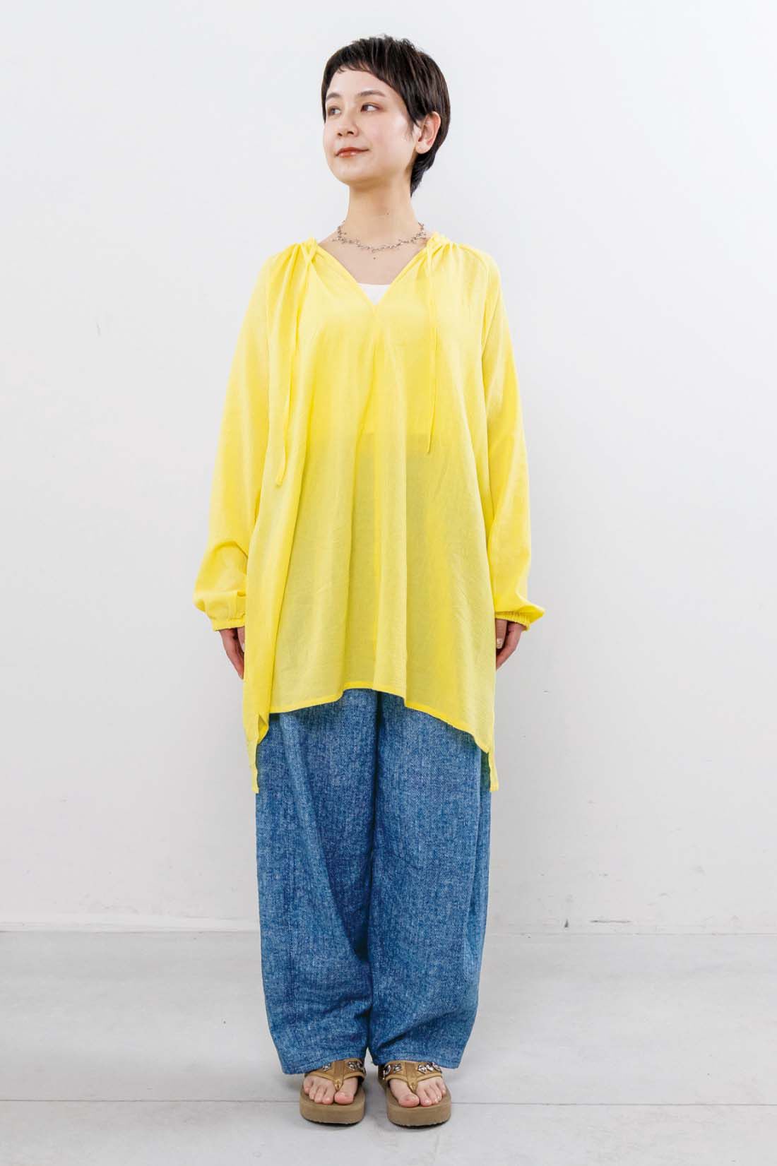 mensha!|mensha!　シングル楊柳（よう りゅう）ガーゼ 色めきカフタンチュニックの会|スタッフ身長：157cm　着用サイズ：M