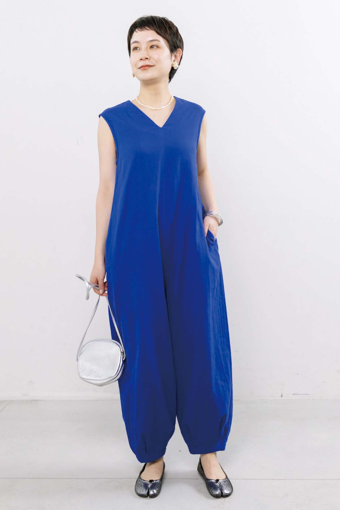mensha!［メンシャ！］|mensha!　ガーゼでドレスアップ！ コクーンシルエットオールインワン|スタッフ身長：157cm　着用サイズ：M