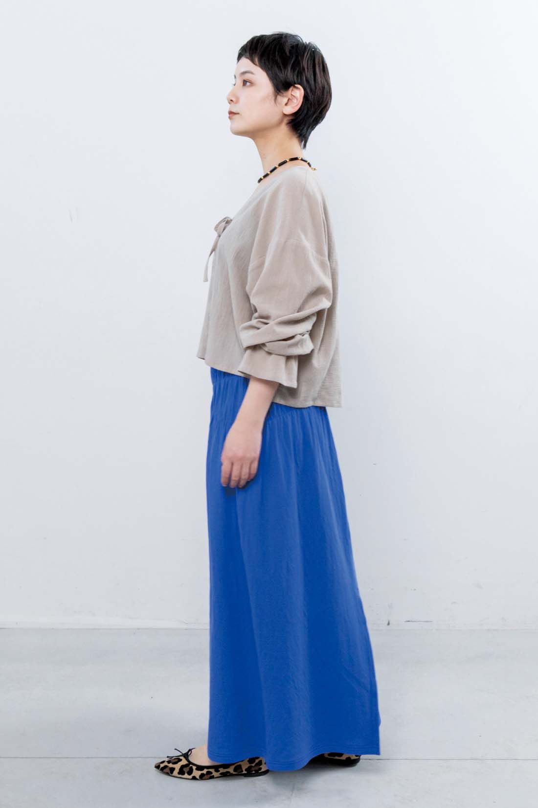 mensha!|mensha!　接結カットソーガーゼ 小さくまとまる色めきシャーリングスカートの会|スタッフ身長：157cm　着用サイズ：M