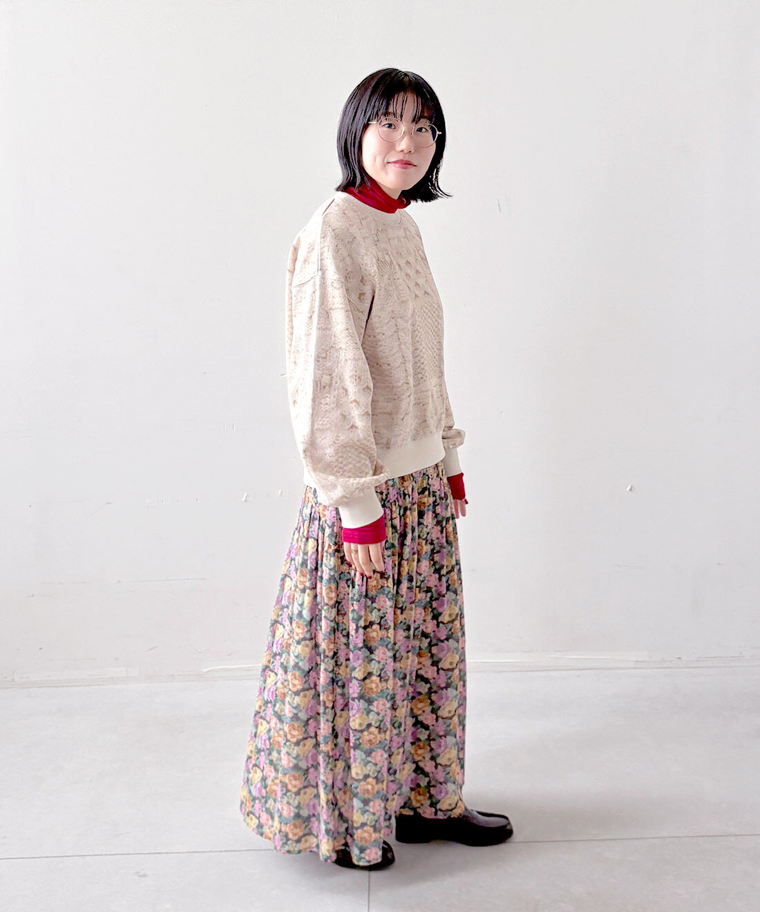 mensha!［メンシャ！］|まるでゴブラン織り！？ ダブルガーゼスカートとまるでニット！？ 軽くてやわらかな ガーゼ裏毛トップスと〈ガーゼ〉カットソー タートルネックのコーディネート