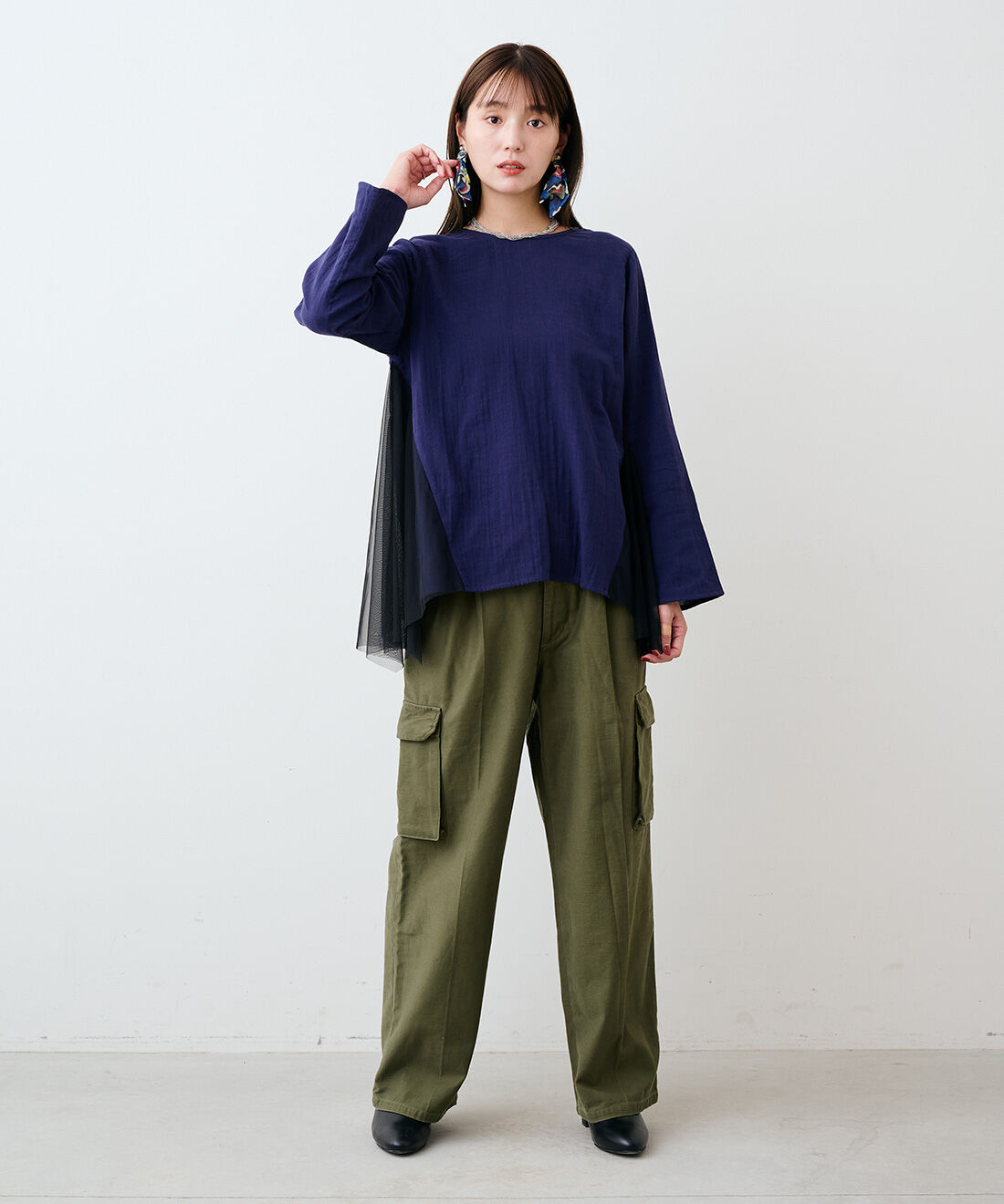 mensha!|ガーゼとチュールのサイドフレアートップスのコーディネート