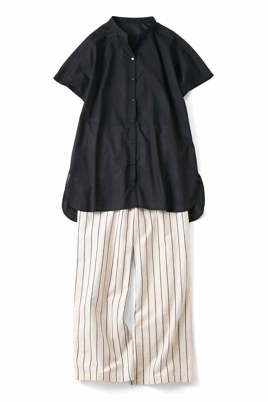 Live in  comfort|リブ イン コンフォート 綿100％のチュニックと綿麻ストライプパンツの涼やかな大人コーデセット〈ブラック〉