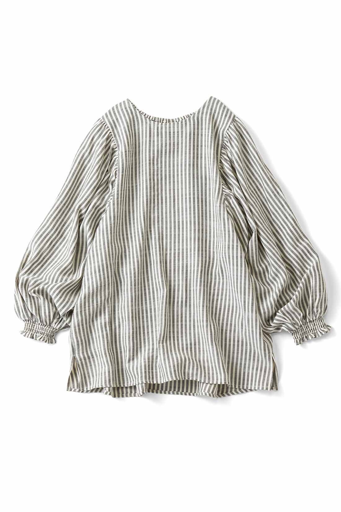 Live in  comfort|リブ イン コンフォート ネックギャザーで簡単に着られる！ ボリューム袖ブラウス〈ストライプ〉|ストライプ
