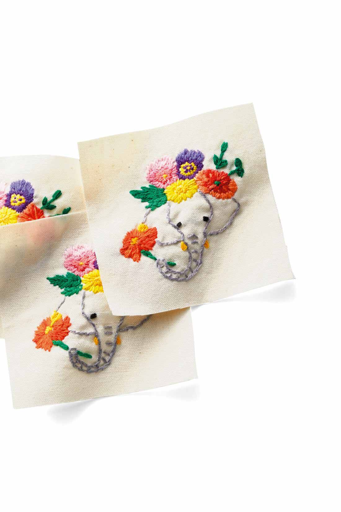 Live in comfort［リブインコンフォート］|リブ イン コンフォート Live love cotton（R）プロジェクト お花を紡いで笑顔がつながる 象さん刺しゅうのポケッタブルトートバッグ〈バーントオレンジ〉|同じものがひとつとない手刺しゅうのゾウさん