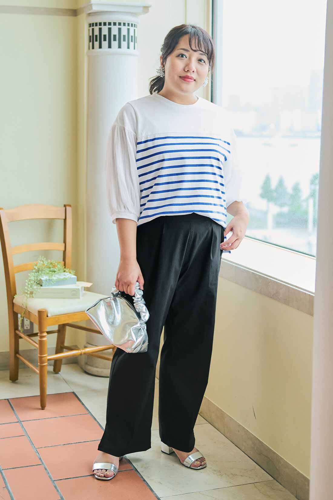 Live in  comfort|リブ イン コンフォート Hinaさんとコラボ Yラインが気になりにくい！ スッキリ美脚 スーパー伸び軽ストレートパンツ|〈モデル情報〉身長:163cm　体重:73kg　着用サイズ:LL