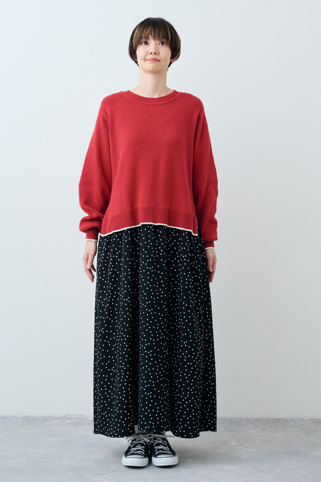 Live in  comfort|リブ イン コンフォート らくちんで華やかな帯電防止 ドッキングドットワンピース〈レッド〉|身長161cm　着用サイズ　MT