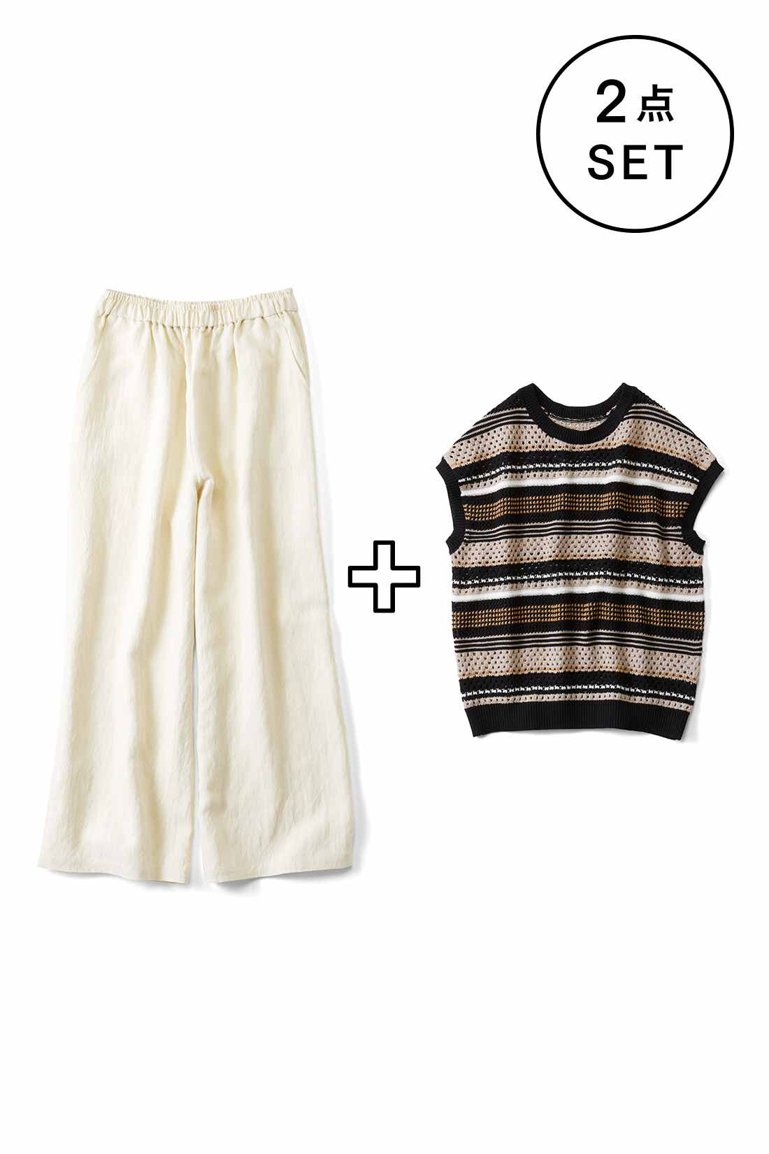 Live in  comfort|リブ イン コンフォート 着るだけでオシャレが即完成！ マルチボーダーニット＆パンツコーデセット〈ホワイト〉