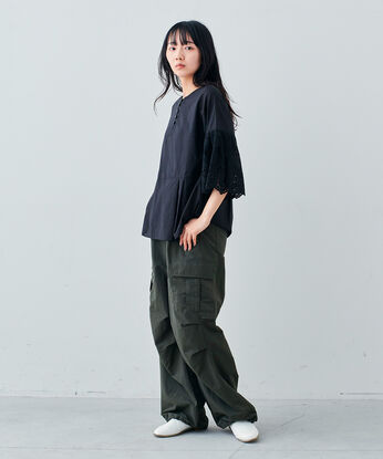 Live in comfort［リブインコンフォート］ | 華やか 透け感 コットン ブラック ブラウス レーススリーブ