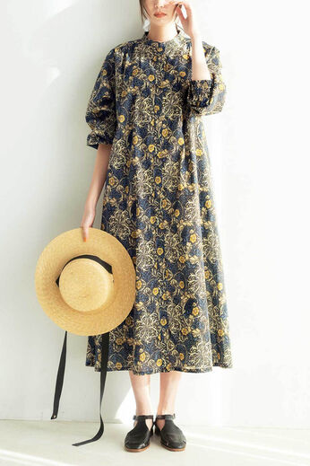 Live in  comfort | モリス 「モリスシーウィード」柄 コットン ワンピース ブルー ネイビー