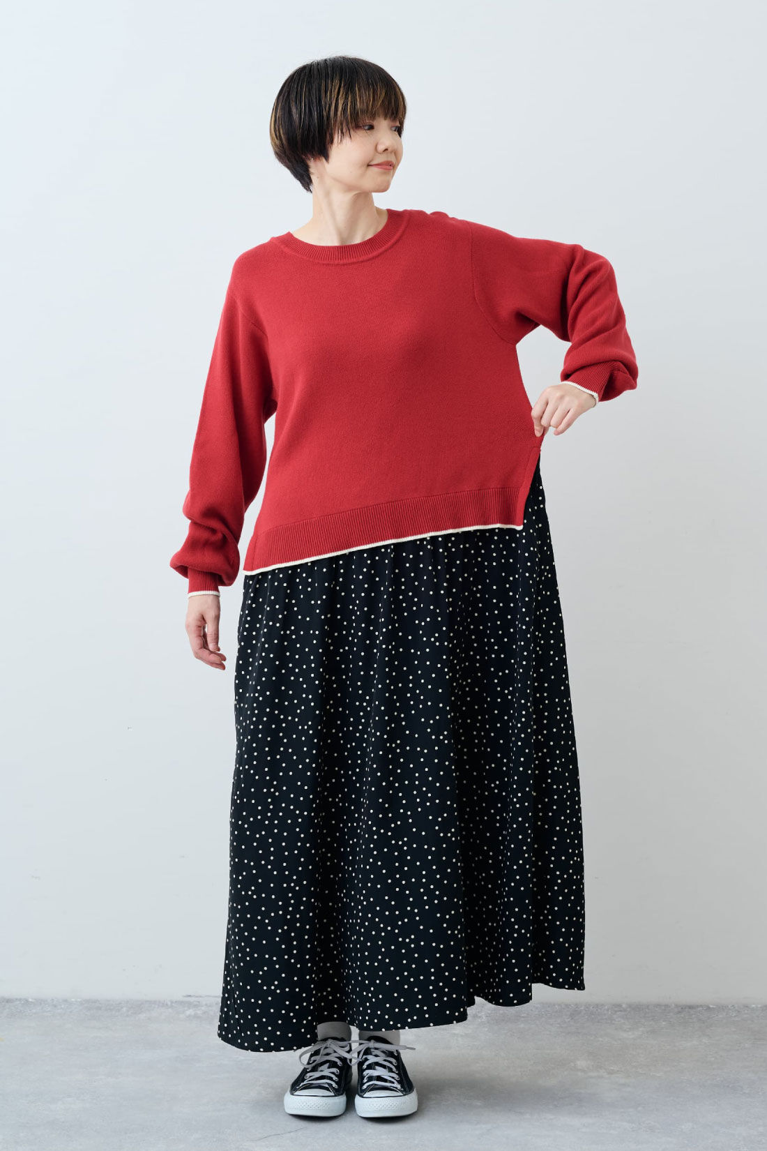Live in  comfort|リブ イン コンフォート らくちんで華やかな帯電防止 ドッキングドットワンピース〈レッド〉|ゆったりらくちんで動きやすい！