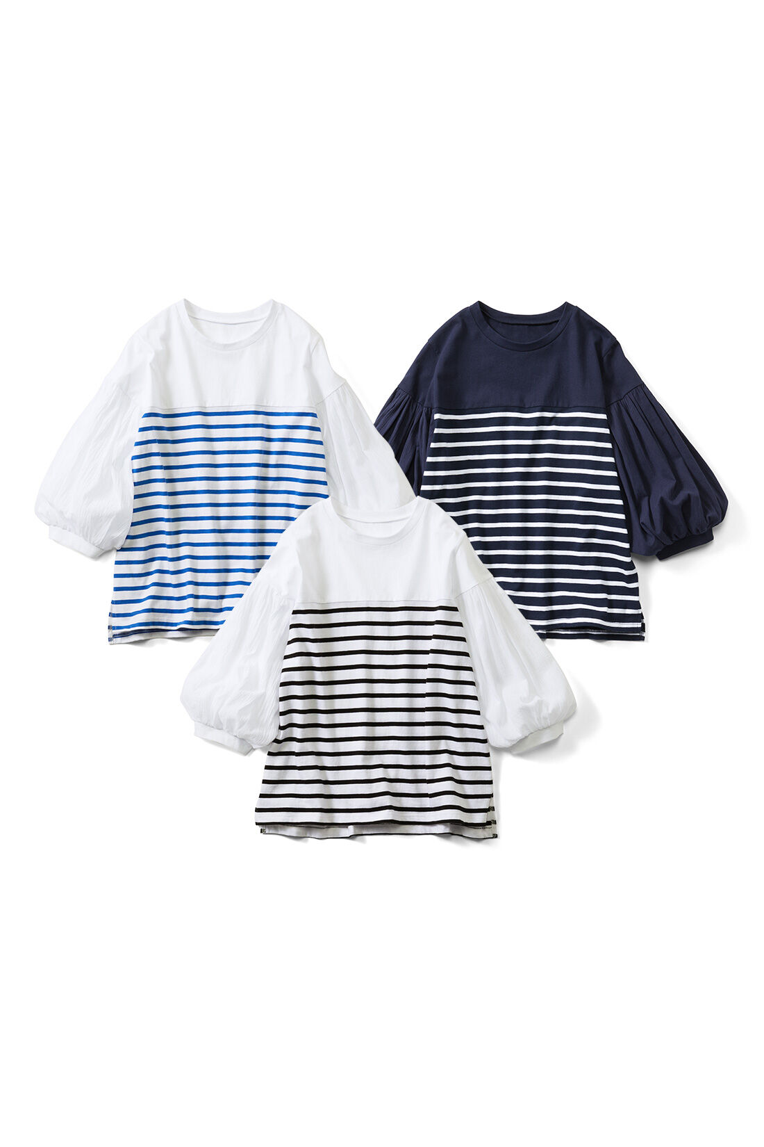 Live in  comfort|Live love cotton（R）プロジェクト リブ イン コンフォート 一枚でサマになる袖布はく ボーダートップス〈ホワイト×ブルー〉|左：ホワイト×ブルー