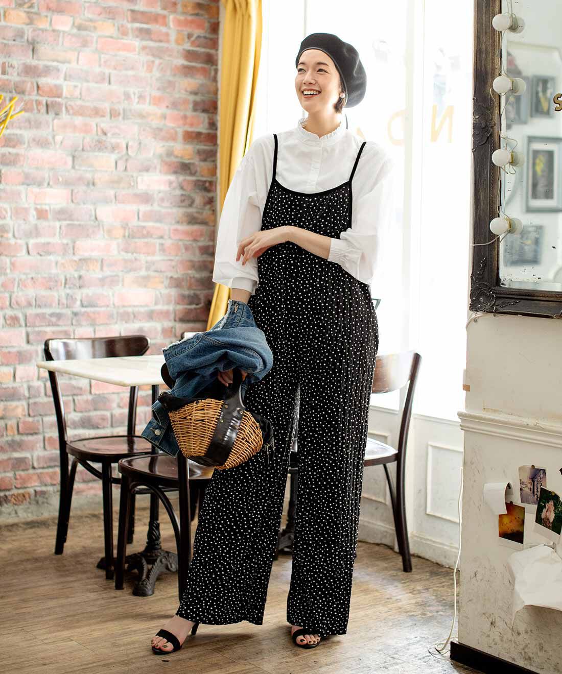 Live in  comfort|リブ イン コンフォート 驚くほどの伸びやかさでとってもらくちんなプリーツ素材のオールインワン〈ブラックドット〉