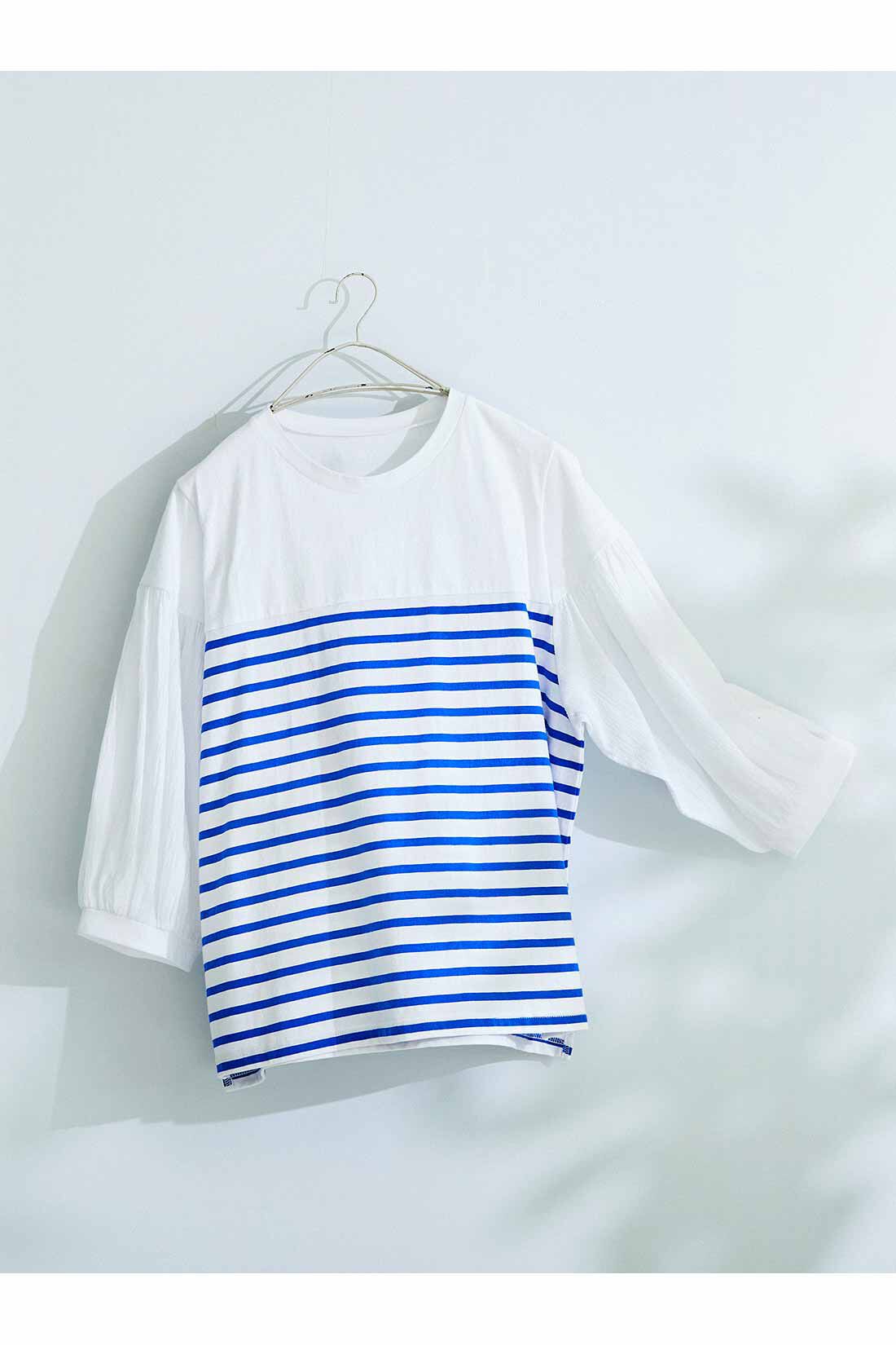 Live in  comfort|Live love cotton（R）プロジェクト リブ イン コンフォート 一枚でサマになる袖布はく ボーダートップス〈ホワイト×ブルー〉