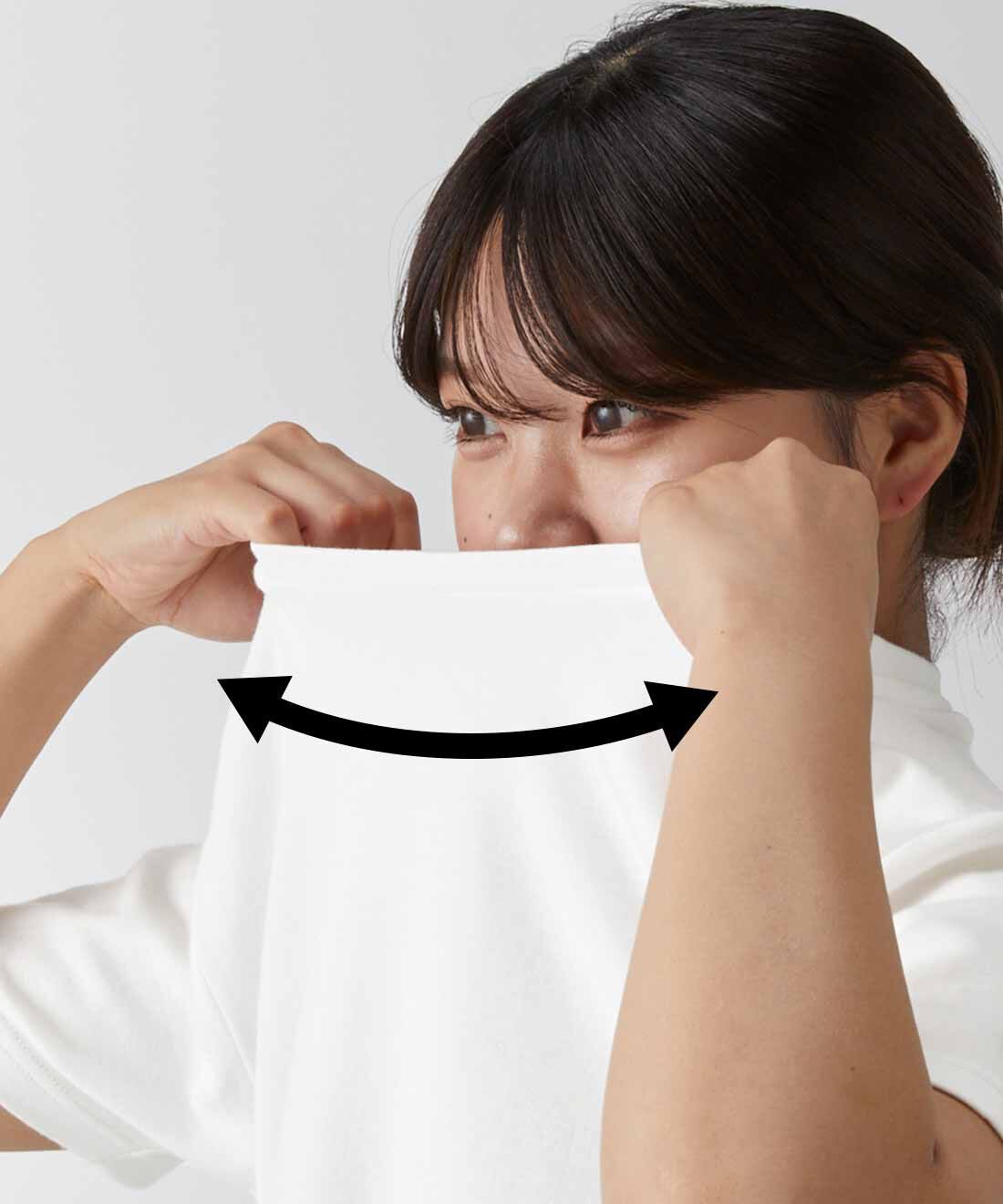 Live in comfort［リブインコンフォート］|リブ イン コンフォート 吸湿発熱コットン素材のこだわりほか綿ロング白Tシャツ|着てみてびっくり伸びやかな素材とつまり気味の衿！