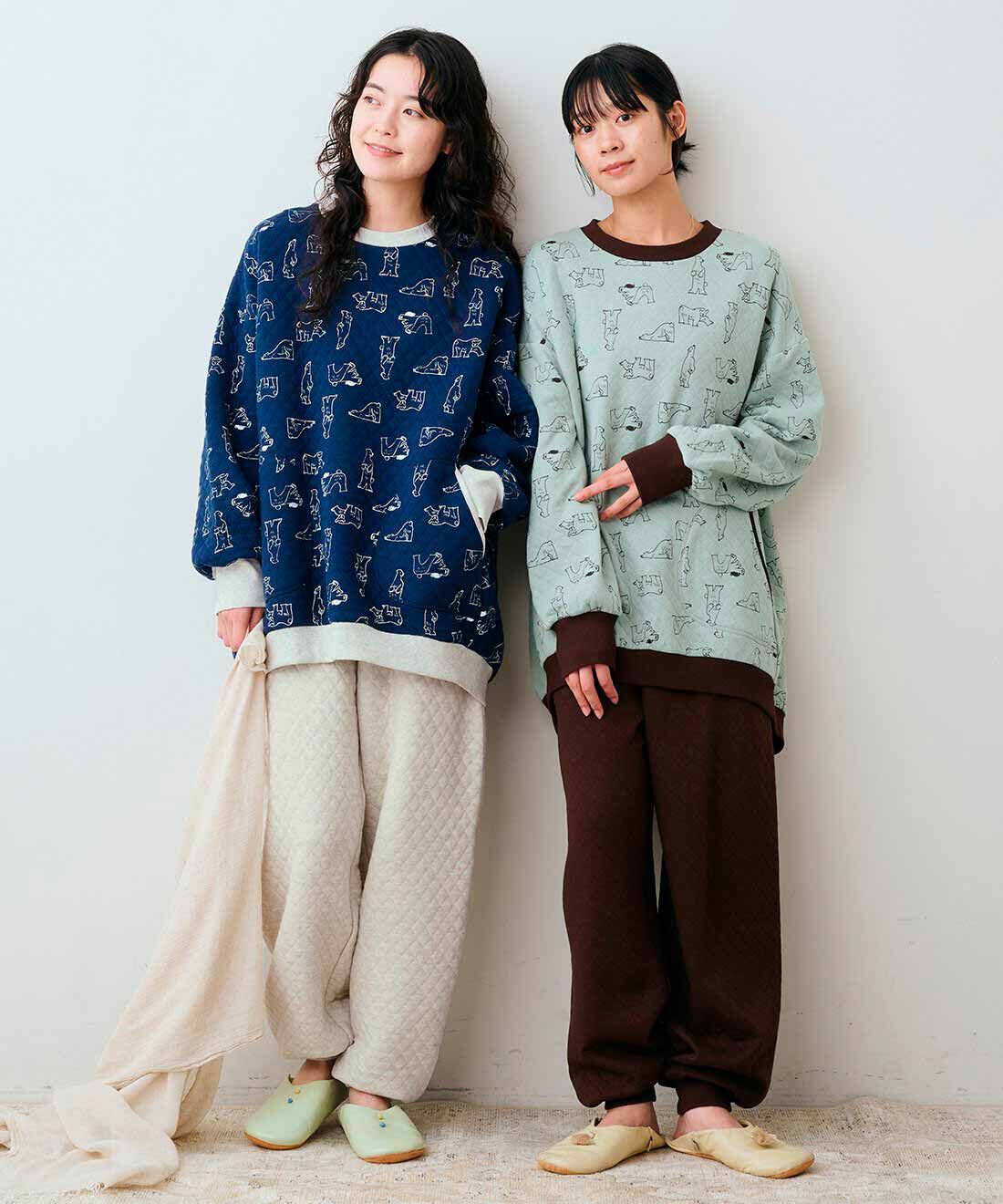 Live in  comfort|旭山動物園・ボルネオの森応援商品　リブ イン コンフォート　ホッキョクグマと一緒にすやすや　ふんわりやさしいコットンのキルティングパジャマ|モデル身長（どちらも）：163cm　着用サイズ：MT