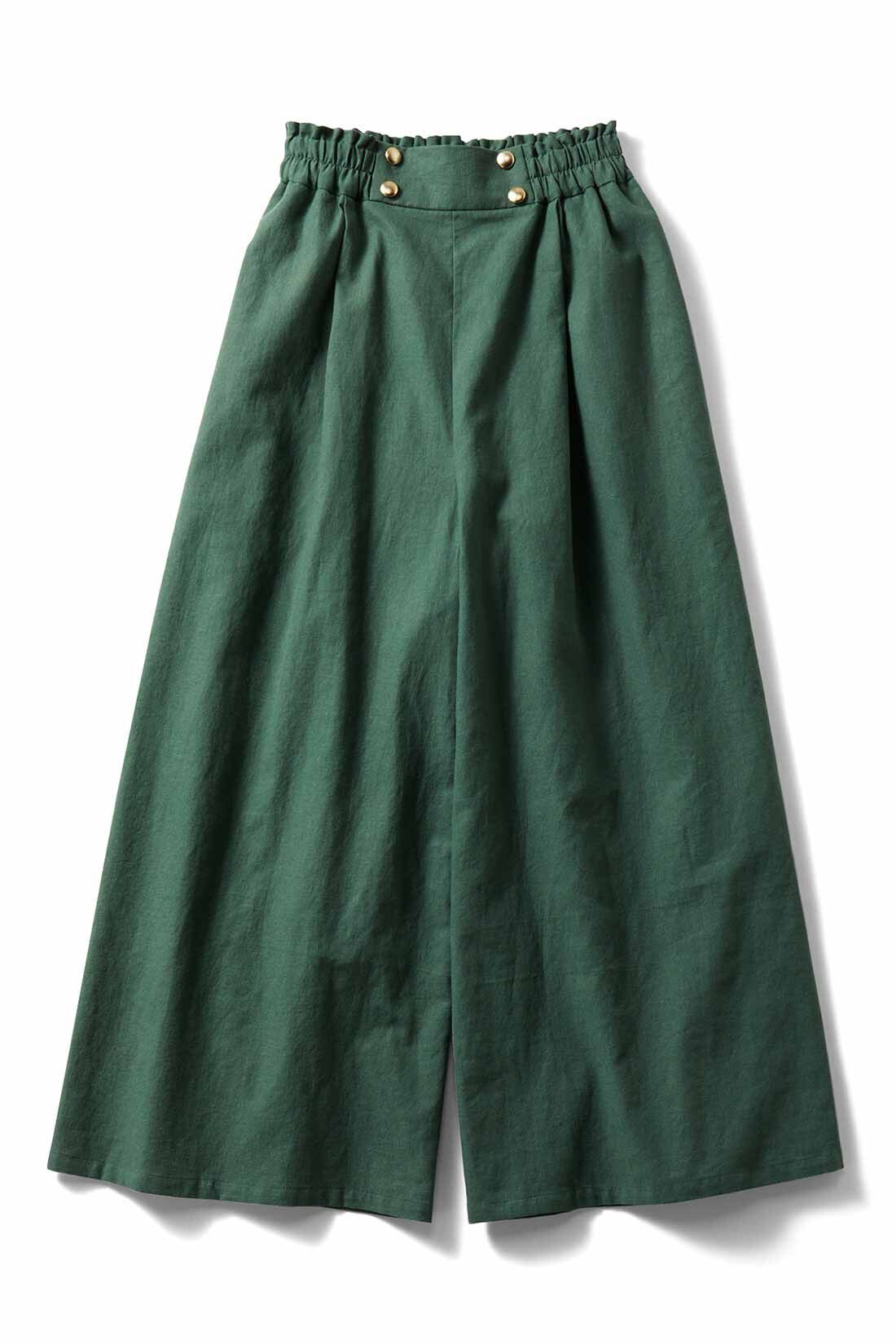 Live in  comfort|リブ イン コンフォート   ゴールドボタンがキラリと上品な麻混ガウチョパンツ〈フォレストグリーン〉|フォレストグリーン