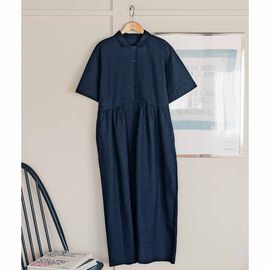 Live in  comfort | 石上美津江 麻混 上品 ワンピース ブルー チェック ネイビー
