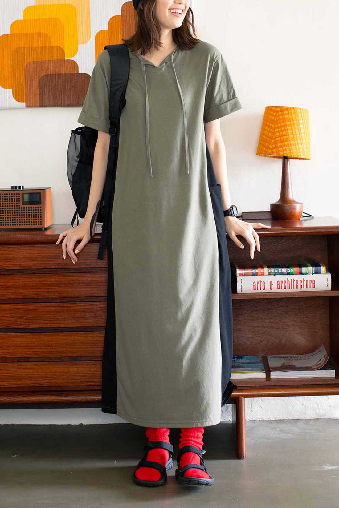 Live in  comfort|リブ イン コンフォート　らくちんにスッキリ見せ！ 汗じみ軽減加工の2-WAYカットソーワンピース〈カーキ〉