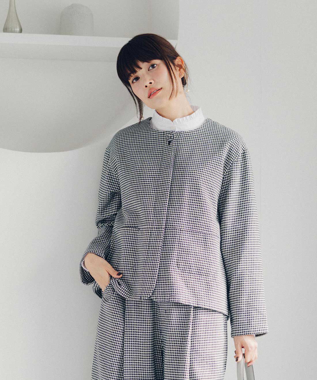 Live in  comfort|リブ イン コンフォート　ウールに見えて実は綿100％　チクチクしにくいノンちくジャケット〈千鳥格子チェック〉【おはだが気になるみんなへ】