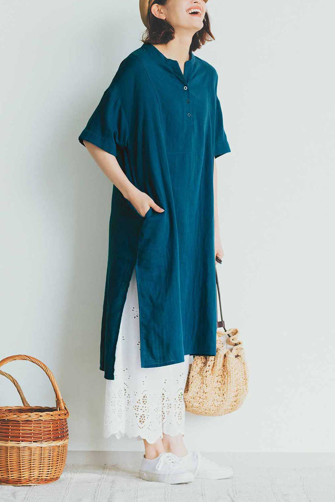 Live in  comfort|リブ イン コンフォート 着るほどにやわらかくなじむ ダブルガーゼロングチュニック〈ターコイズブルー〉