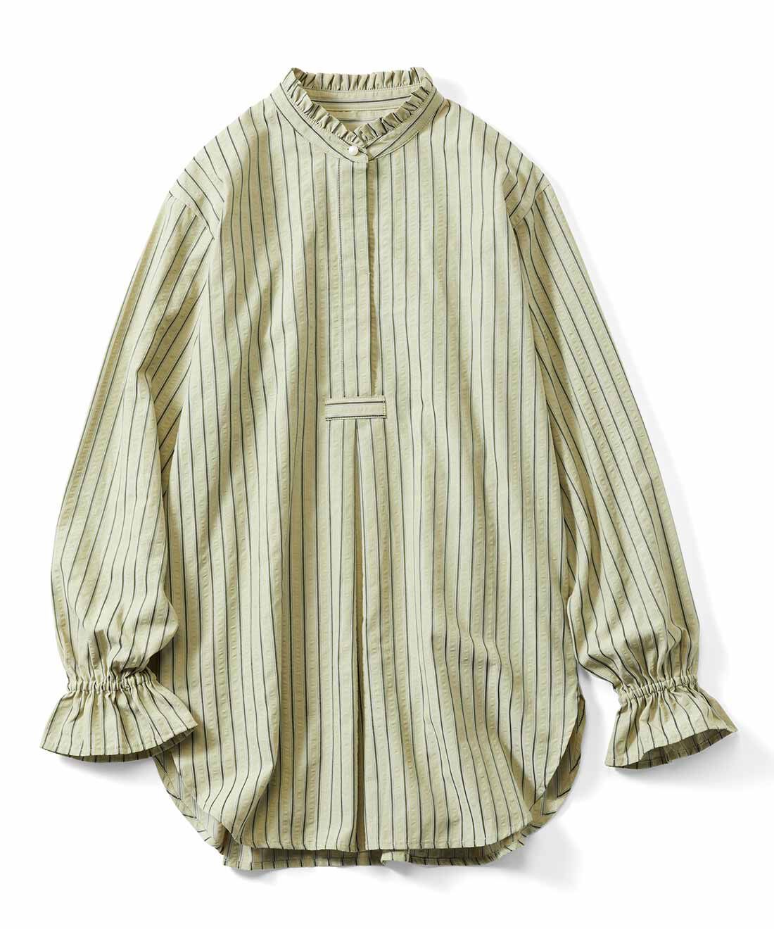 Live in  comfort|リブ イン コンフォート コットンパール風ボタンが素敵な 織柄ストライプのサッカーチュニック|オリーブグリーン