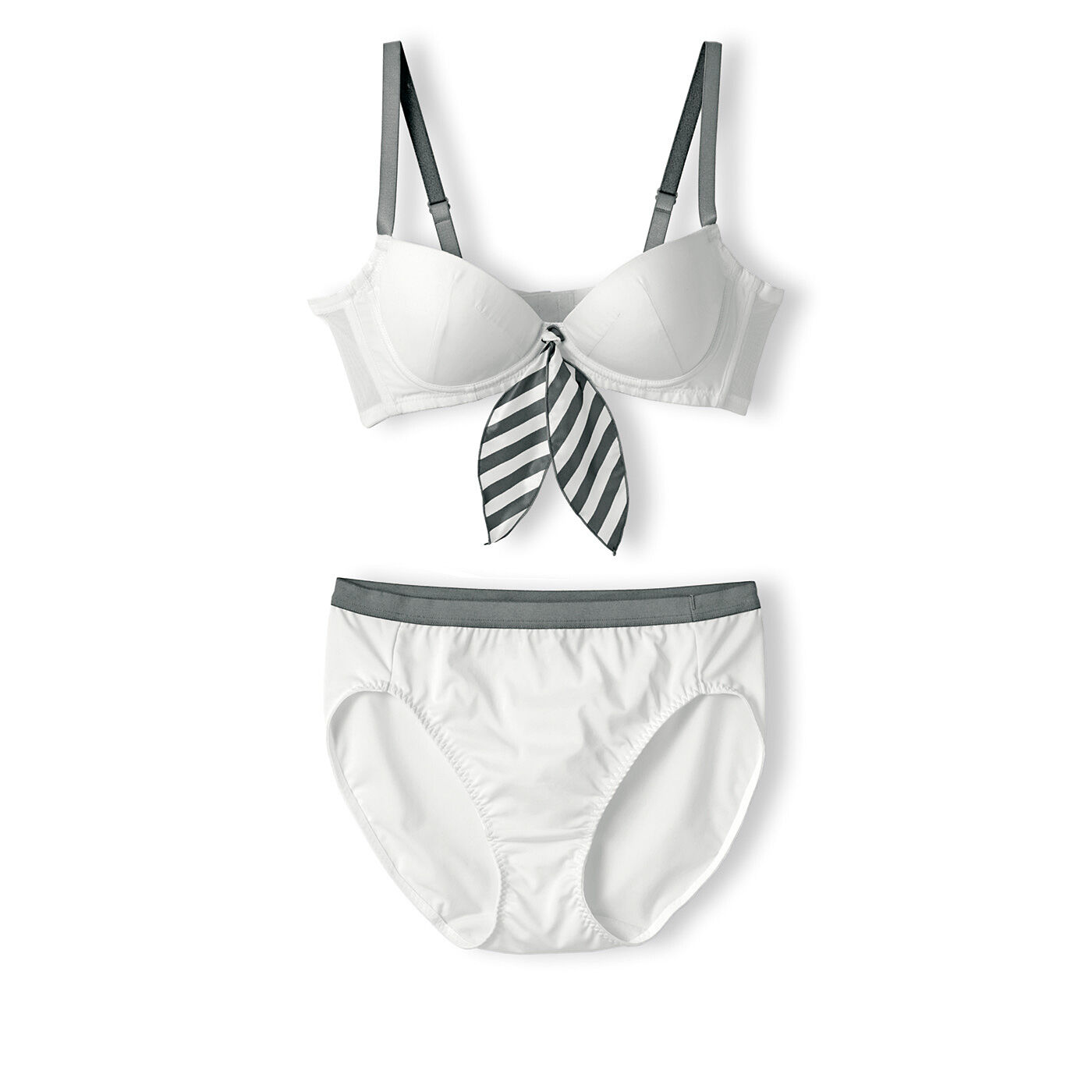 flufeel|憧れのシネマヒロイン　ロマンティックなブラ＆ショーツ〈LL～3L〉の会|〈秘めごと〉清楚な王女のブラウスに見立てたブラジャーは、中央にあしらった取り外し可能なスカーフがアクセント。ショーツはニュールックスタイルのウエストマークをイメージしました。